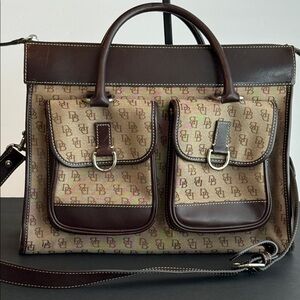 Dooney & Bourke Brown Signature Canvas Leather Double Pocket Carryall Tote Bag